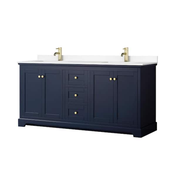 Wyndham Collection Avery 72in.Wx22 in.D Double Vanity in Dark Blue with Cultured Marble Vanity Top in White with White Basins