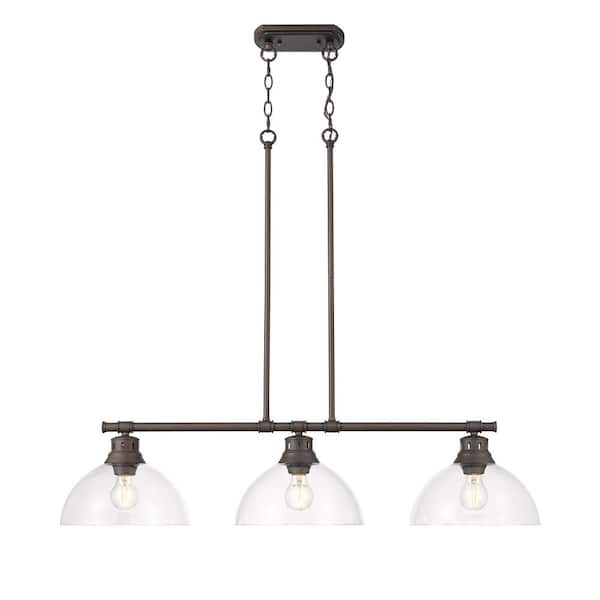 Golden Lighting Duncan 300-Watt 3 Light Rubbed Bronze Island Pendant Light with Clear Glass Shade, No Bulbs Included