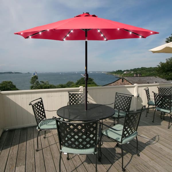 Sonkuki Solar Lighted LED 9 ft. Aluminum Patio Market Circle Outdoor Umbrellas with Push Button Tilt and Crank Lift in Red