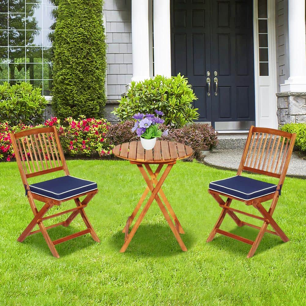 3-Piece Folding Acacia Wood Patio Bistro Set with Navy Cushions