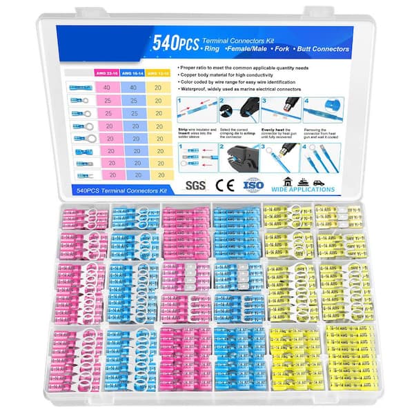 540-Pack Heat Shrink Wire Connectors Kit, Electrical Waterproof Crimp Terminals, Insulated Spade Connectors
