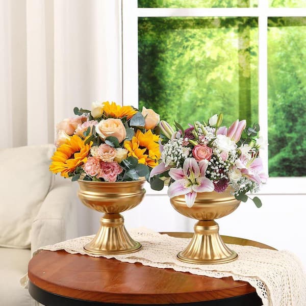 6.6 in. Set of 4 Gold Bud Vintage Pedestal Urn Vases, 6.6" Metal Vases for Wedding and Home Table Centerpieces ENHD30945