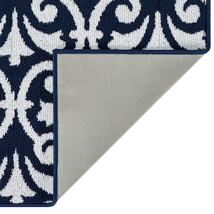 Washable Non-Skid Navy and White 26 in. x 60 in. Medallion Accent Rug