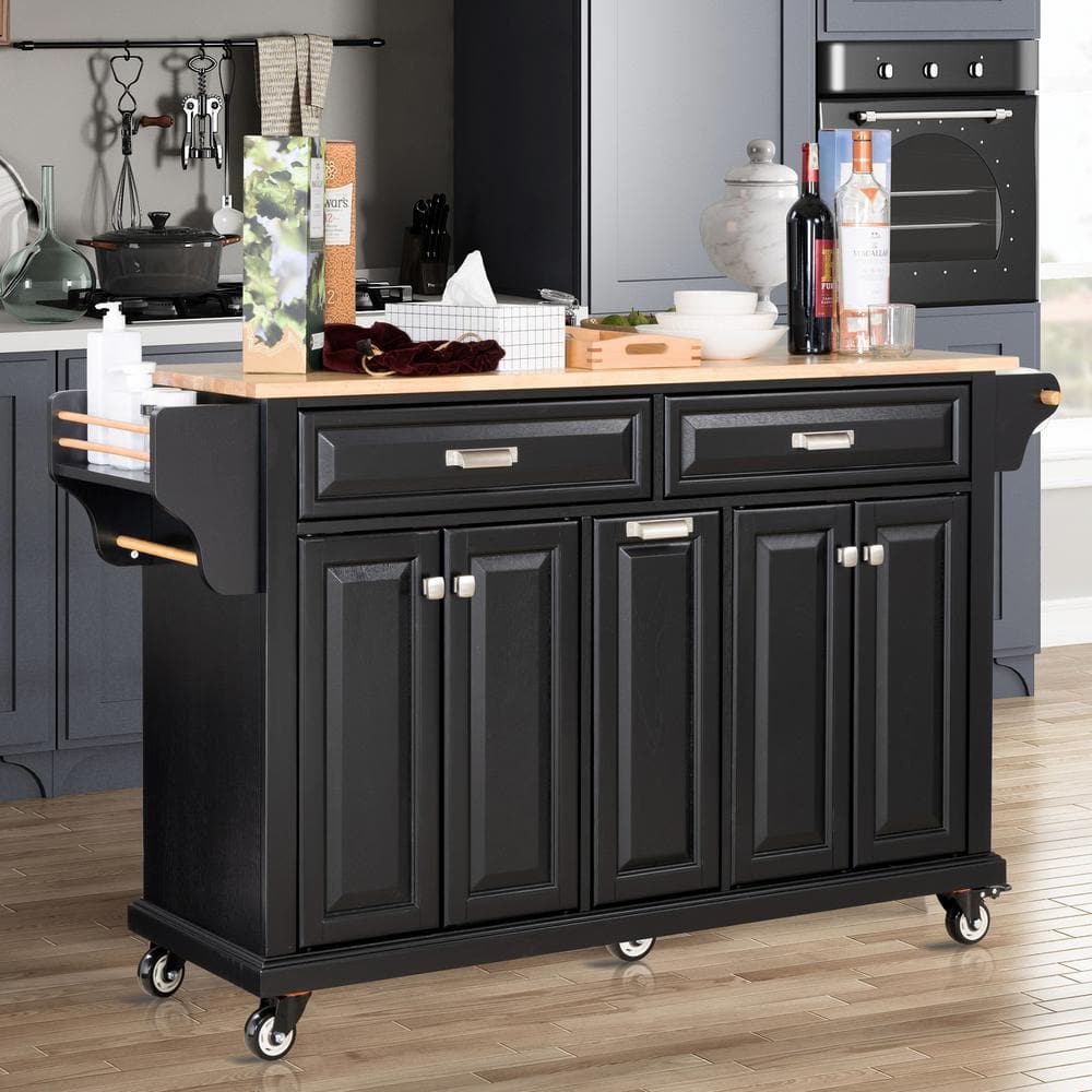 Black Rubber Wood Kitchen Cart with 4 Door Cabinet, Three Drawers, Spice Ra