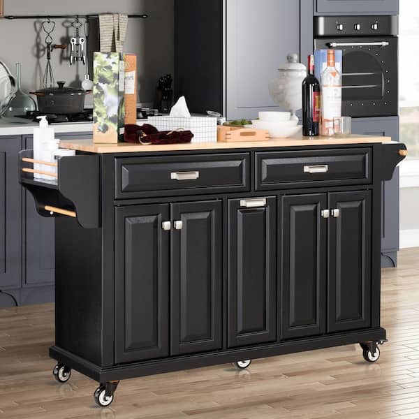 Unbranded Black Rubber Wood Kitchen Cart with 4 Door Cabinet, Three Drawers, Spice Rack and Towel Rack