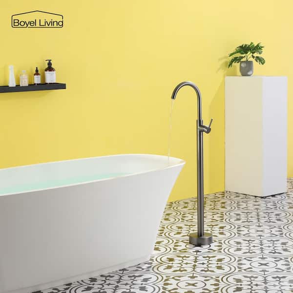 Freestanding Floor Mount Single Handle Bath Tub Filler Faucet with Water Supply Lines in Gunmetal Gray