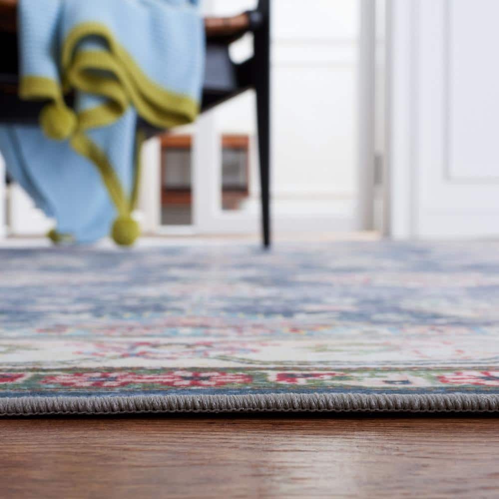 Navy and Beige 6' Square Washable Synthetic Area Rug