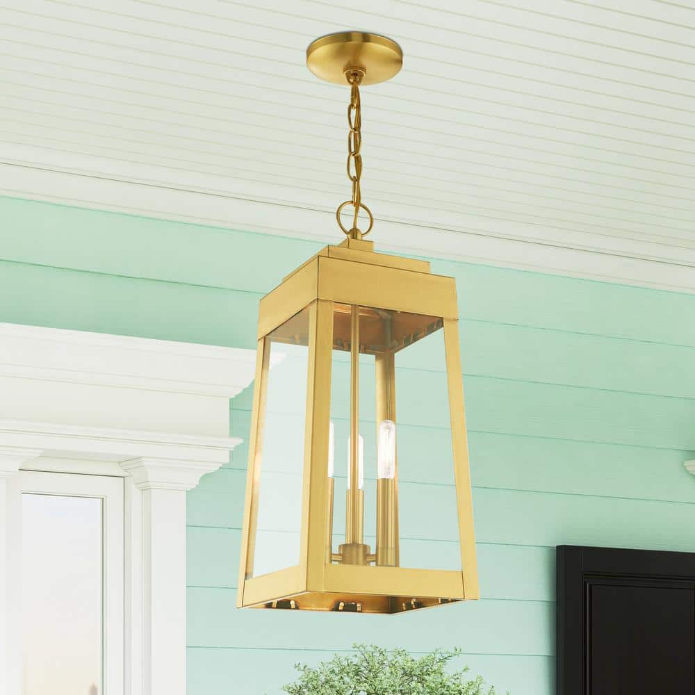Satin Brass 3-Light Outdoor Pendant Lantern with Clear Glass