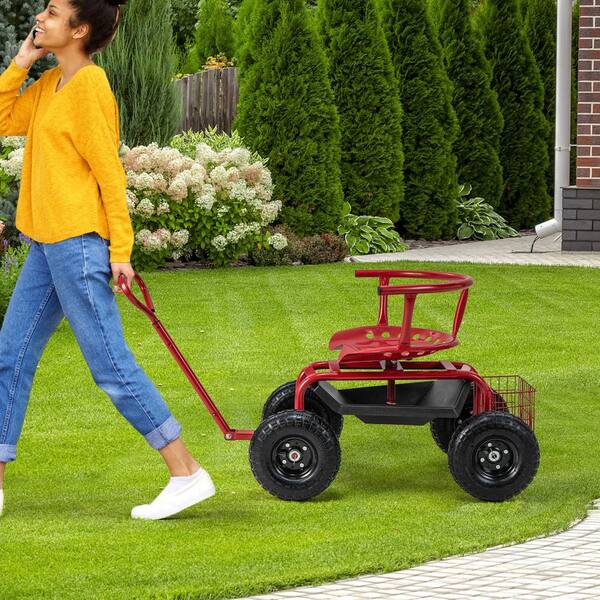 35.5 in. Red and Black Metal Cushioned Rolling Garden Cart with Storage Basket and Tool Pouch