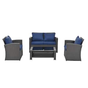4-Piece Dark Grey PE Rattan Metal Patio Outdoor Sectional Sofa Sets with Light Blue Cushions and Tempered Glass Table