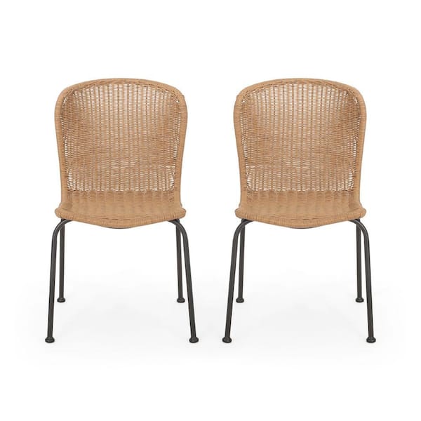 ITOPFOX Light Brown Rattan Outdoor Wicker Dining Chair Set of 2 Boho Patio Metal Frame Polyethylene Woven Contemporary Decor