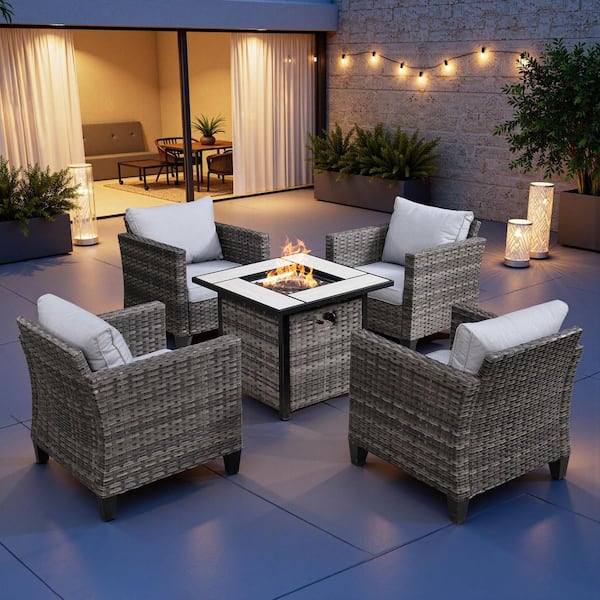 Camden 5-Piece 4-Seat Gray Wicker Outdoor Patio Conversation Set with Square 50000 BTU Fire Pit and Light Gray Cushion