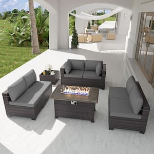8-Piece Wicker Patio Conversation Set with 55000 BTU Gas Fire Pit Table and Glass Coffee Table and Grey Cushions