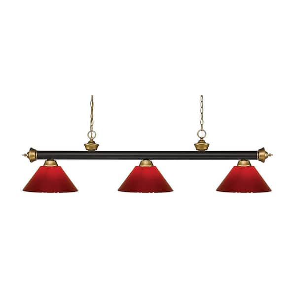 Unbranded Riviera 3-Light Bronze + Satin Gold + Red Plastic Shade Billiard Light With No Bulbs Included