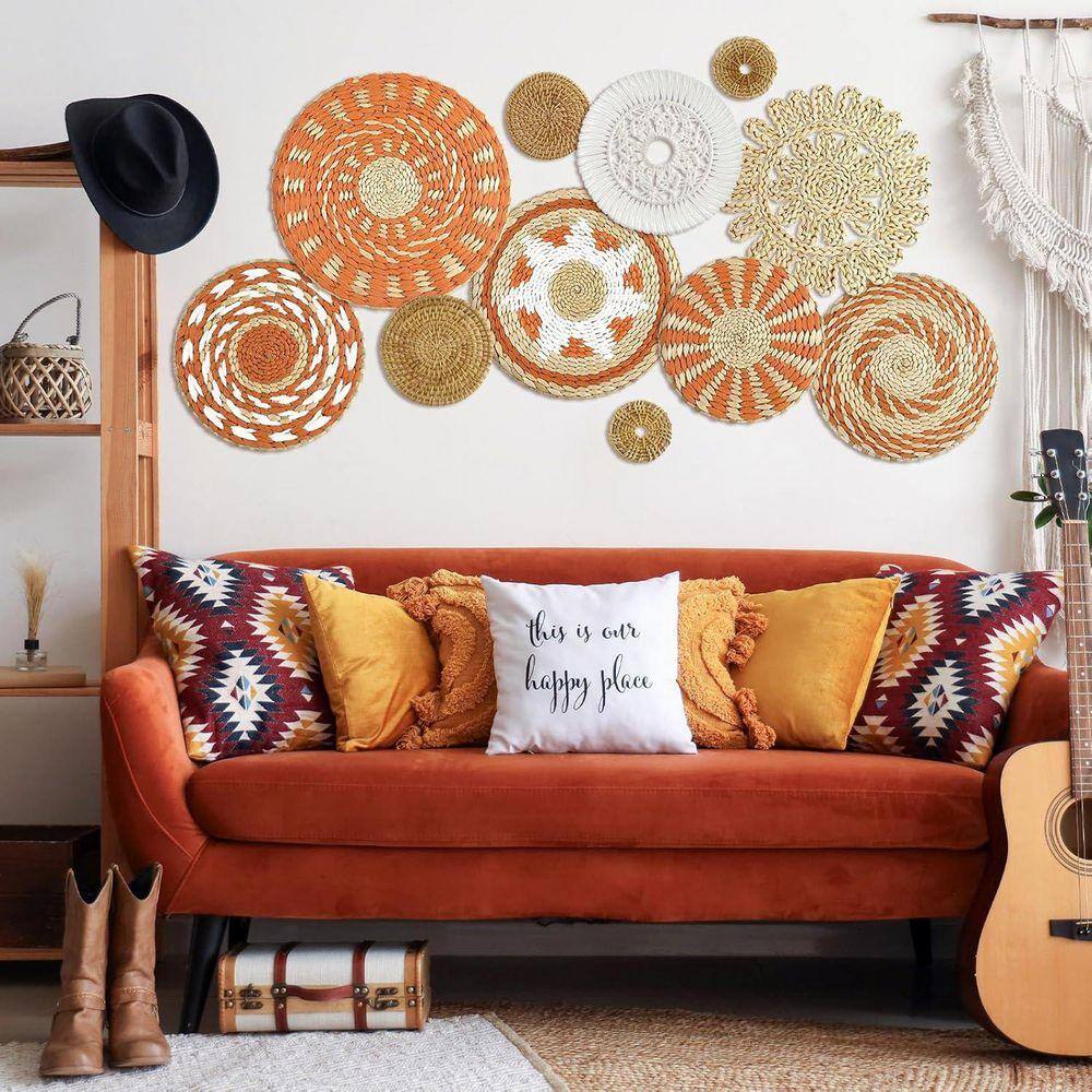 Orange 12.9 in. x 12.9 in. Wicker Hanging Wall Basket Decorative