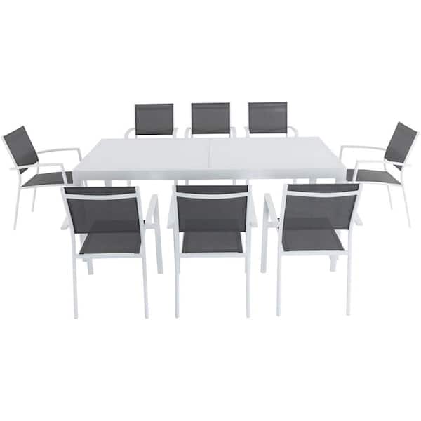 Hanover Del Mar 9-Piece Aluminum Outdoor Dining Set with 8-Sling Chair in Gray/White 40 in. x 118 in. Expandable Dining Table