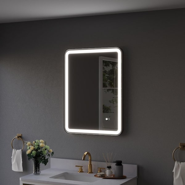ANGELES HOME 24 in. W x 32 in. H Rectangular Aluminum Framed Wall Mount LED Light Fog Free Bathroom Vanity Mirror in Matte Black