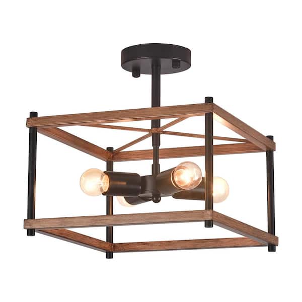 aiwen 12.6 in. 4-Light Brown Farmhouse Rustic Square Semi Flush Mount Ceiling Light