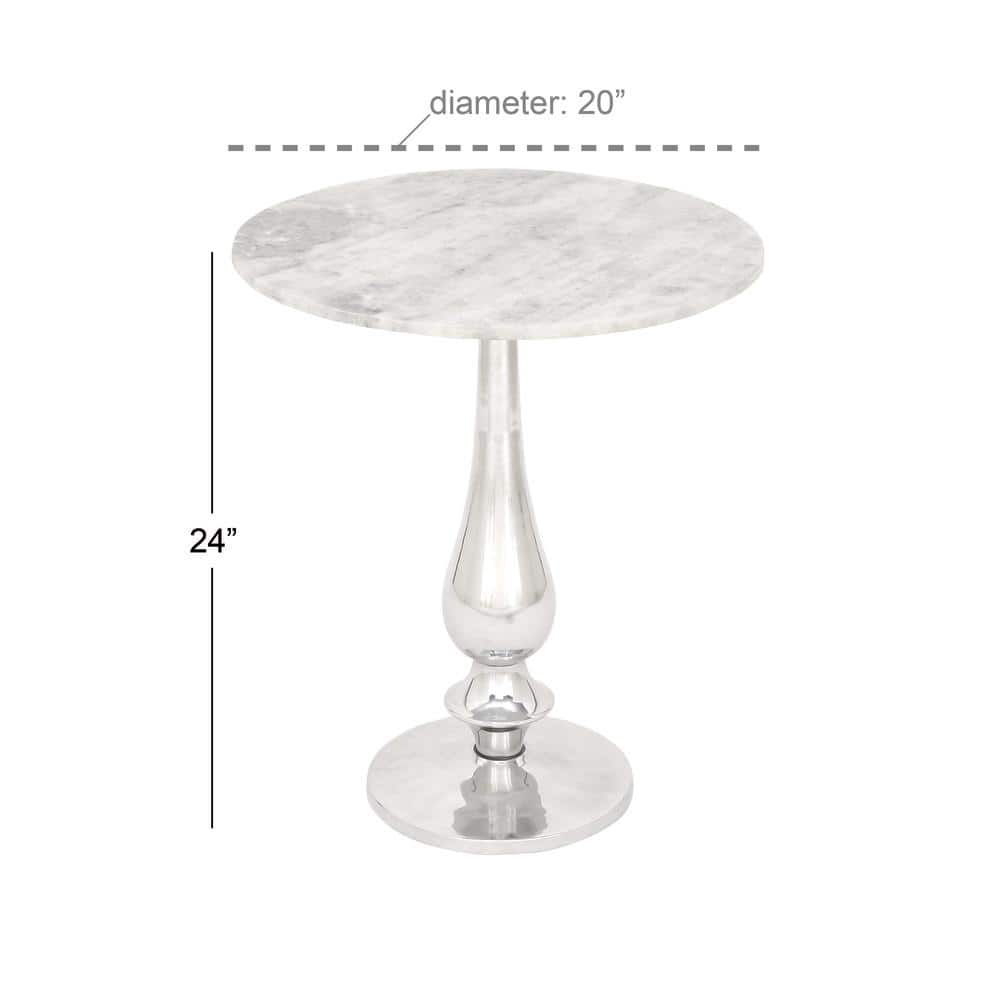 White Marble and Silver Aluminum Round Accent Table