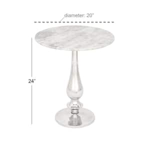 20 in. White Large Round Marble End Table with Silver Aluminium Base