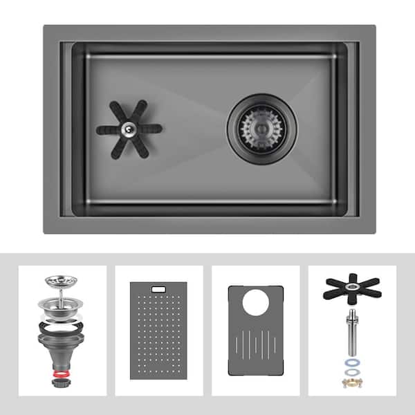 19 in. Drop-In or Undermount Single Bowl 16-Gauge Black Stainless Steel Bar Sink with Built-In Glass Rinser