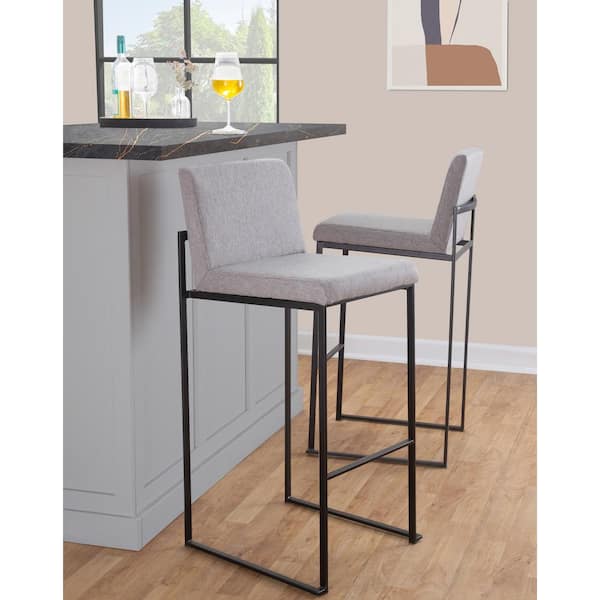LumiSource Fuji High Back 31 in. Grey Fabric and Black Metal Bar Stool (Set of 3)