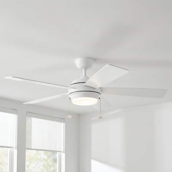 Starkk 52 in. Indoor Matte White Downrod Mount Ceiling Fan with Integrated LED with Pull Chain