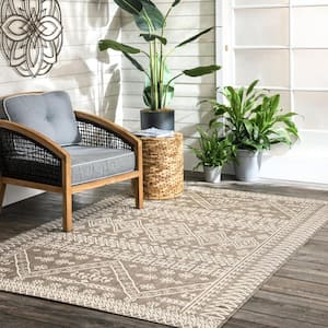 Kandace Tribal Diamonds Beige 6 ft. x 9 ft. Indoor/Outdoor Patio Area Rug