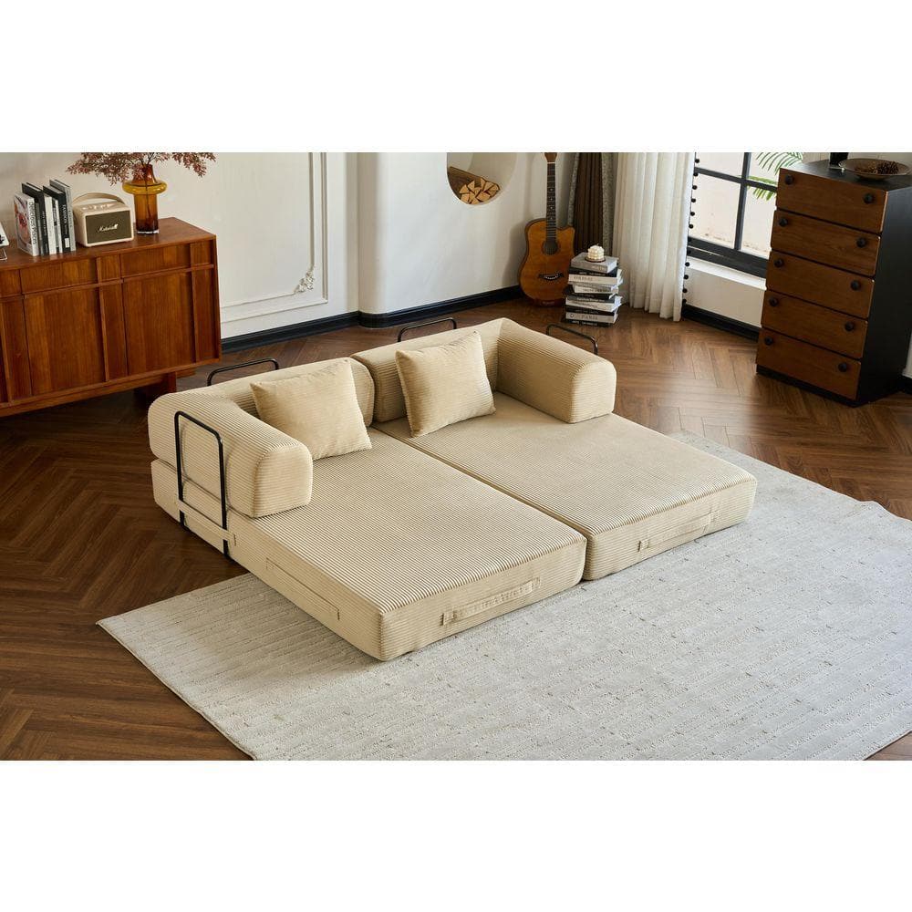59.05 in. Beige Striped Corduroy Twin Size Convertible Sofa Bed
