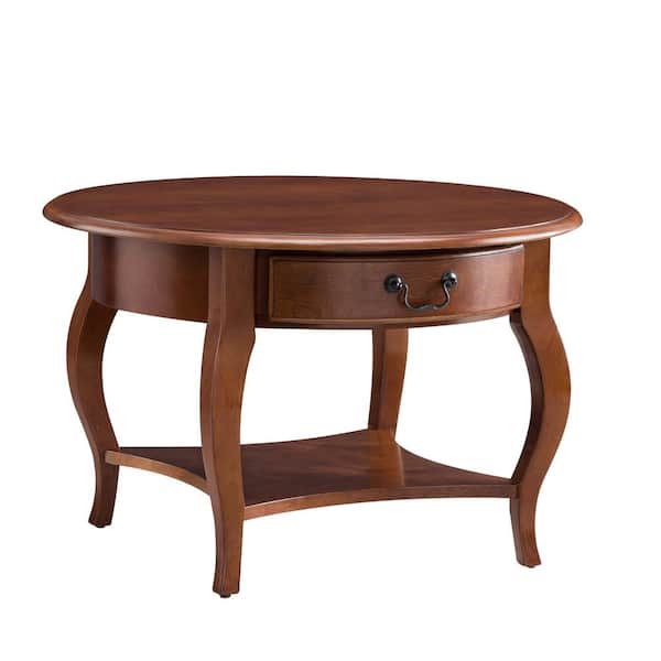 Leick Home 29.5 in. L Brown Cherry Round Wood Coffee Table with 1-Drawer and Shelf