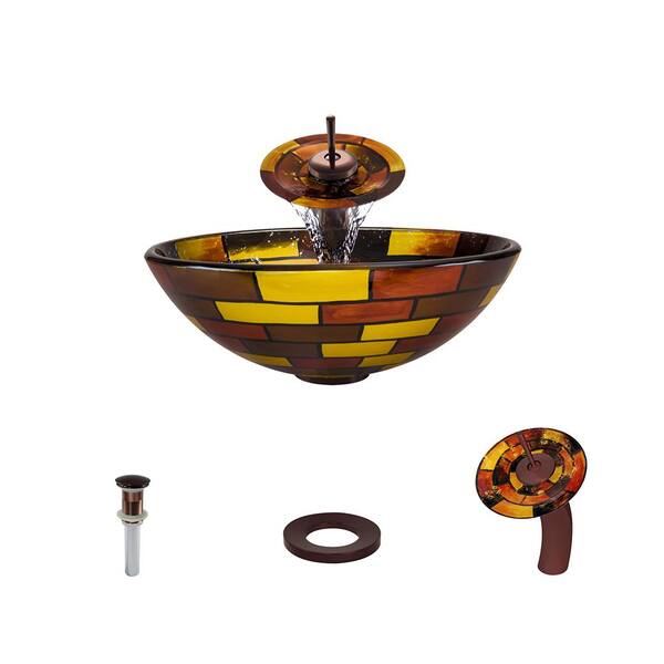 MR Direct Glass Vessel Sink in Stained Glass with Waterfall Faucet and Pop-Up Drain in Oil Rubbed Bronze