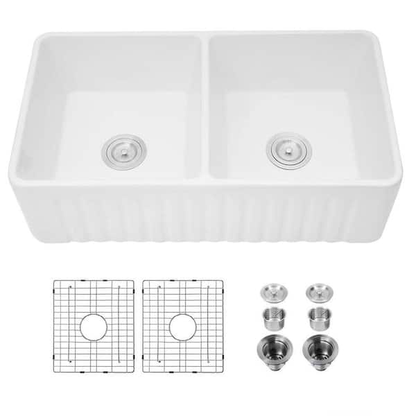 YASINU YSNSINK CPRO White Fireclay 33 in. x 20 in. 50/50 Double Bowl Farmhouse Apron Kitchen Sink with Grid and Strainer