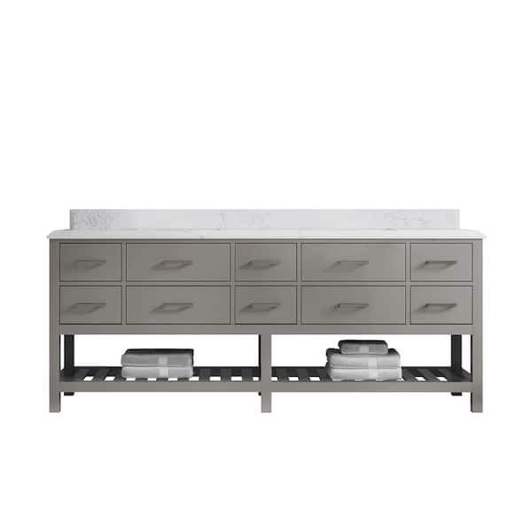 Willow Collections Parker 84 in. Double Sink Freestanding Elephant Gray Bath Vanity with Regular Calacatta Laza Qt. Top Unassembled