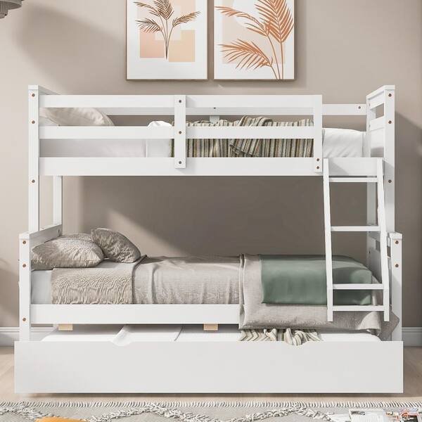 Nestfair White Wood Twin over Full Bunk Bed with Ladder,Twin Size