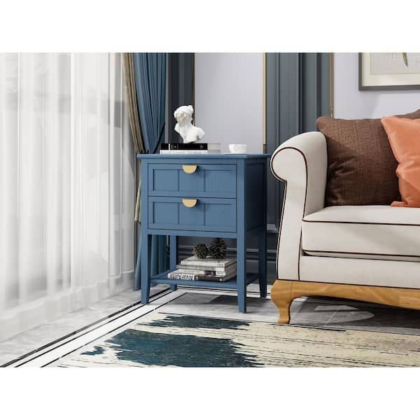 2 Drawer Side table, American style, End table, Suitable for bedroom, living room, study in Blue