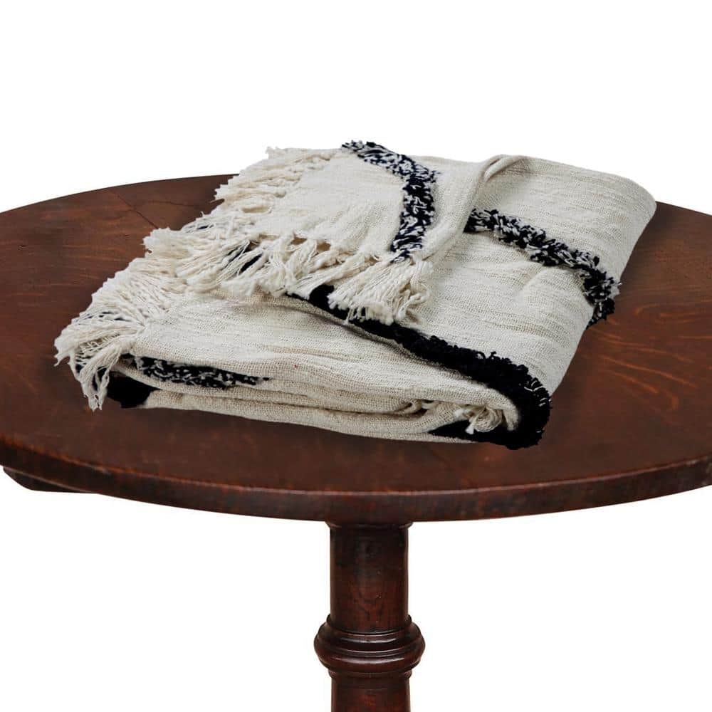 Handwoven Luxe Cotton Fringed Throw Blanket, Natural & Navy, 50" x 60"