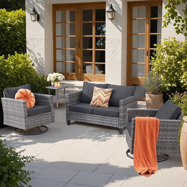 Yolanda Gray 4-Piece Wicker Outdoor Rocking Chair Set with Black Cushions