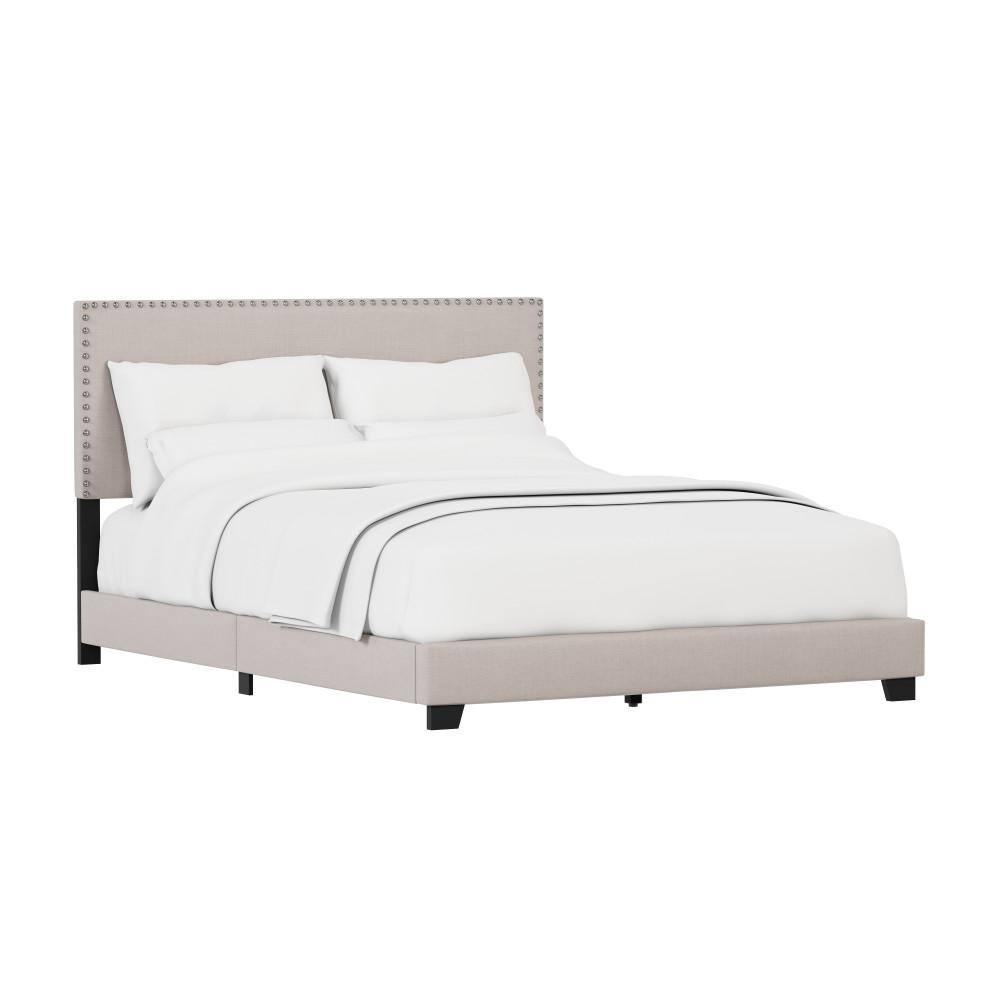 Gray Fog Upholstered Queen Bed with Nailhead Trim and Wood Frame
