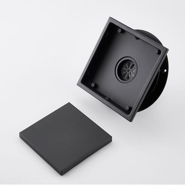 6 in. Square Stainless Steel Shower Floor Drain with Flange in Matte Black