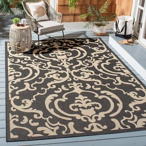Courtyard Black/Sand 7 ft. x 7 ft. Square Border Indoor/Outdoor Patio  Area Rug