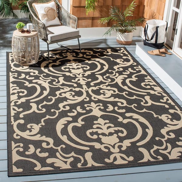 Courtyard Black/Sand 8 ft. x 8 ft. Square Border Indoor/Outdoor Patio  Area Rug