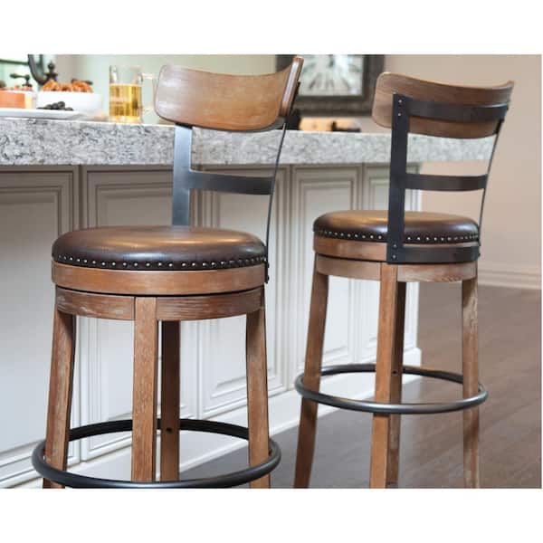 Pinnadel 30.5 in. Brown Low Back Wood Bar Stool Upholstered Stool with Faux Leather Seat