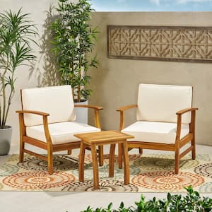 Perla Teak Brown 3-Piece Wood Outdoor Patio Conversation Seating Set with Cream Cushions