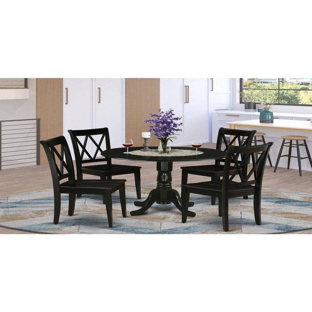 5-Piece Round Black Finish Solid Wood Top Dining table with 4-Chairs with Drop Leaf Lattice Back