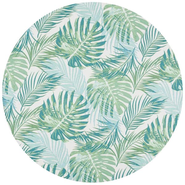 SAFAVIEH Barbados Green/Teal 7 ft. x 7 ft. Floral Indoor/Outdoor Patio  Round Area Rug