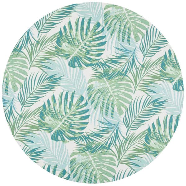 SAFAVIEH Barbados Green/Teal 8 ft. x 8 ft. Round Floral Indoor/Outdoor Area Rug