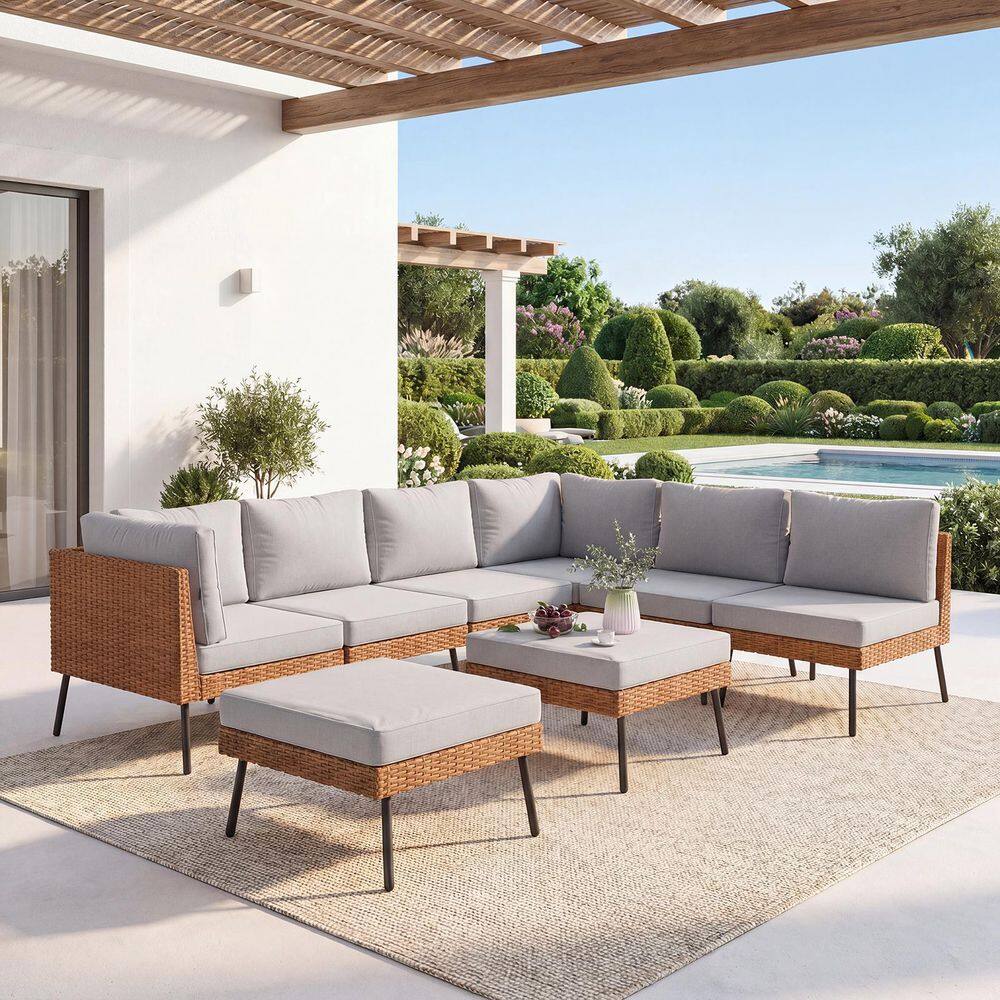High Leg 8-Piece Wicker Patio Conversation Set with Light Gray Cushions