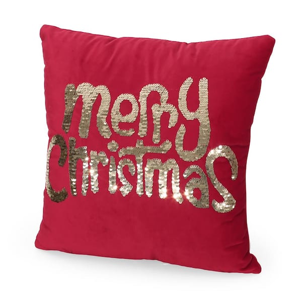 Noble House Isleta Red and Gold Sequin Velvet 18 in. x 18 in. Christmas Throw Pillow Cover