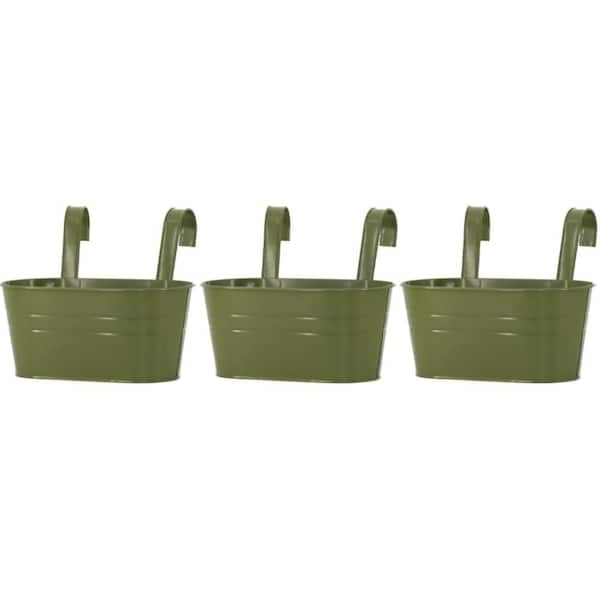 3 Pack Metal Iron Hanging Flower Pot, Oval Railing Fence Garden Balcony Planter Pots, Metal Bucket Flower Holders, Green