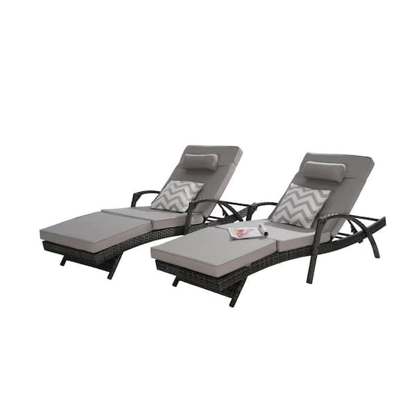 Gray Wicker Outdoor Lounge Chair Recliner with Light Gray Cushions